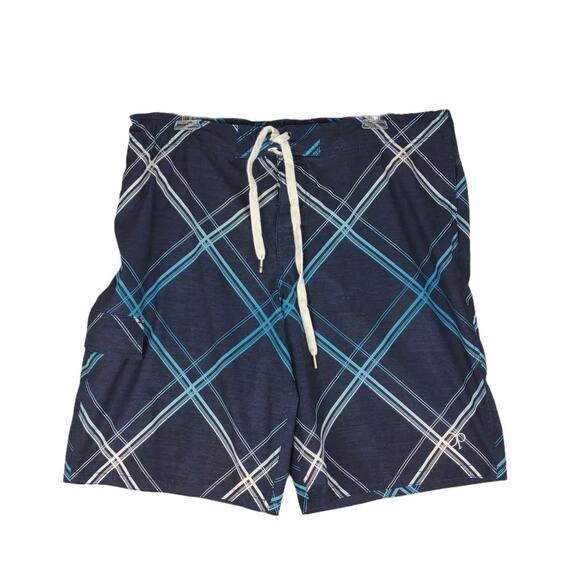 Vtg Y2K OCEAN PACIFIC OP Mens L Hybrid Swim Trunks Board Cargo Shorts Navy Plaid - Picture 1 of 7